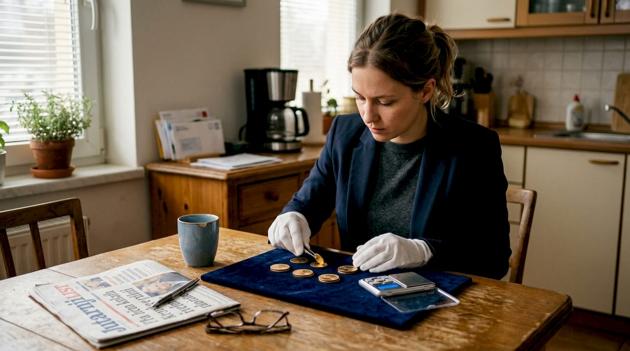 Žena sjedi za kuhinjskim stolom i pregledava zlatnike Krugerrand, pažljivo ih slažući po vrijednosti.