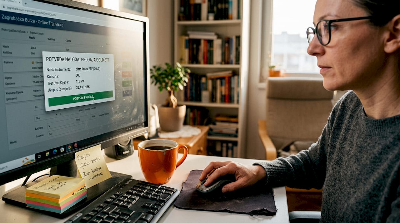 Žena iz svog kućnog ureda trguje zlatnim ETF-ovima na računalu.