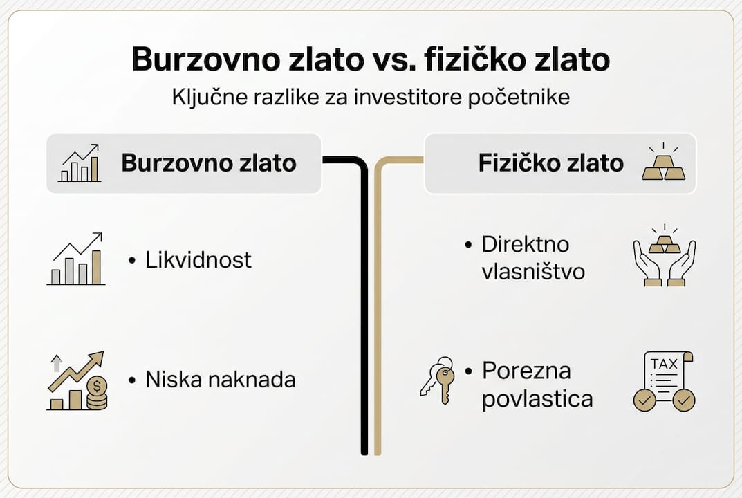 Infografika koja uspoređuje ulaganje u burzovno zlato i kupnju fizičkog zlata