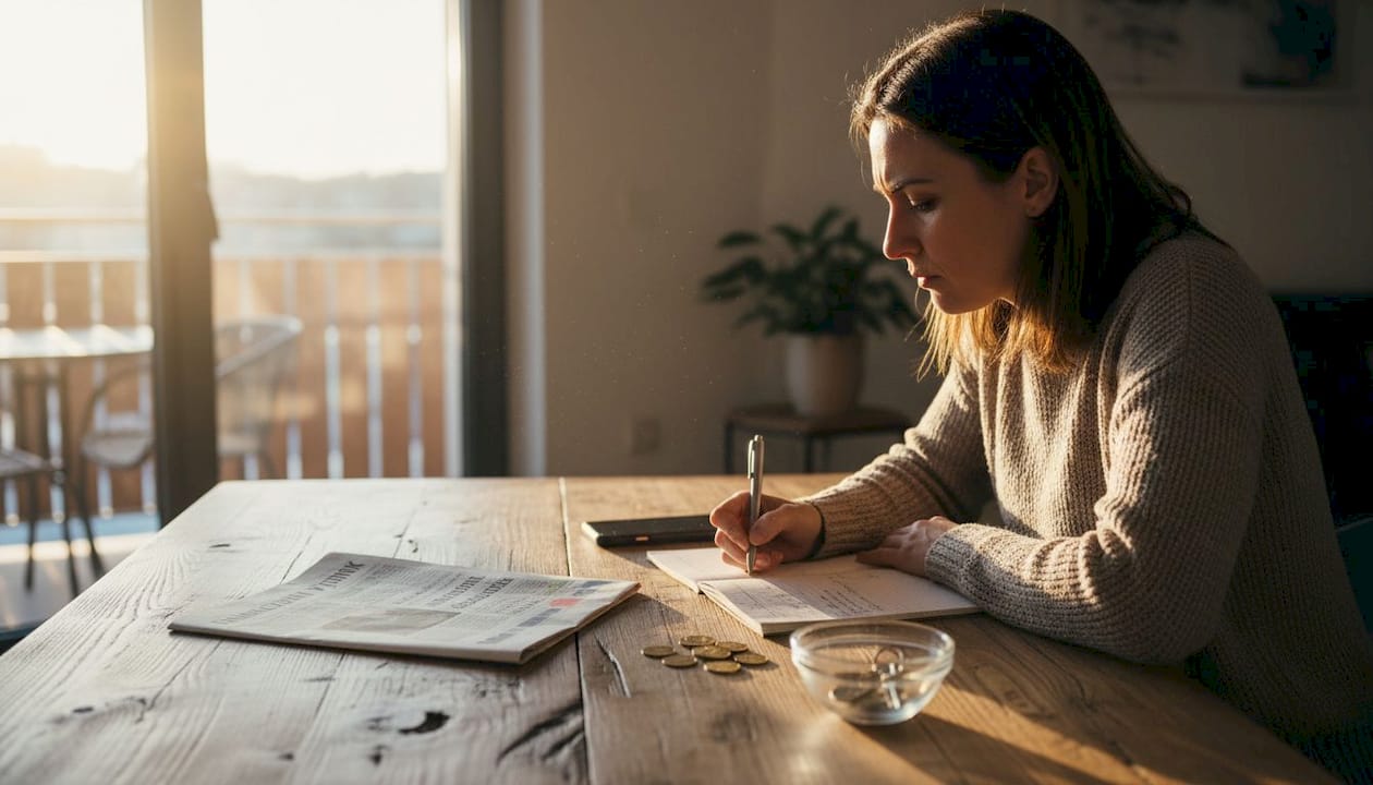 Žena sjedi za stolom i pažljivo broji zlatnike, razmišljajući o svojim financijama.