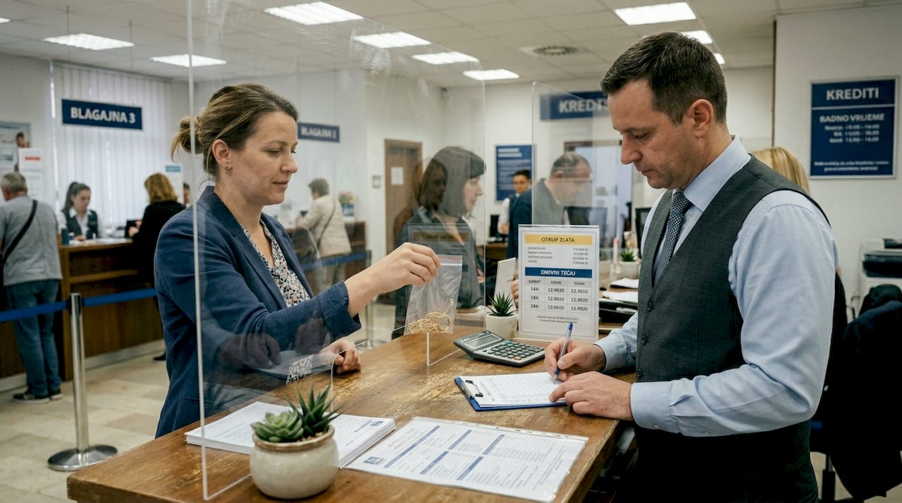 Žena na šalteru banke prodaje zlatni nakit.