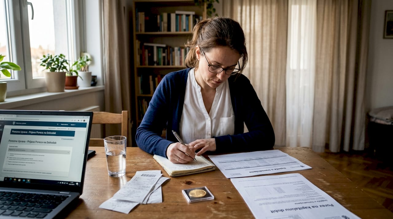 Žena kod kuće proučava porezne dokumente vezane uz zlato.
