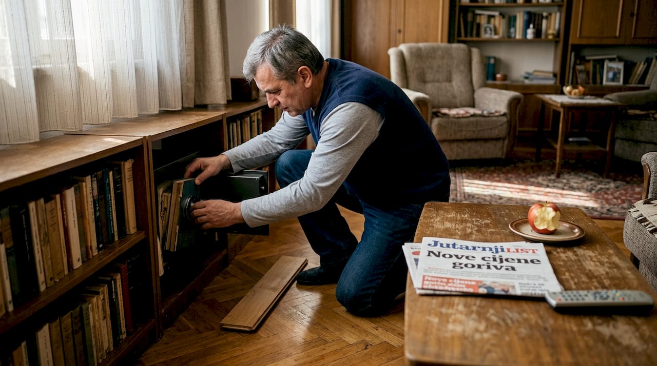 Muškarac otvara diskretno ugrađeni sef u zidu svog doma