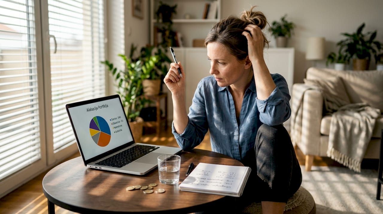 Žena kod kuće pregledava kako su joj raspoređena ulaganja.
