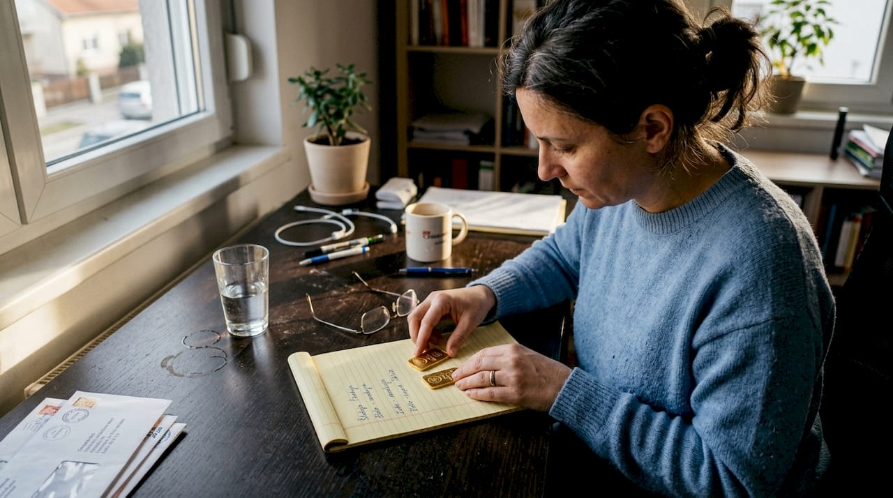 Žena pažljivo pregledava zlatne poluge na svom kućnom stolu.