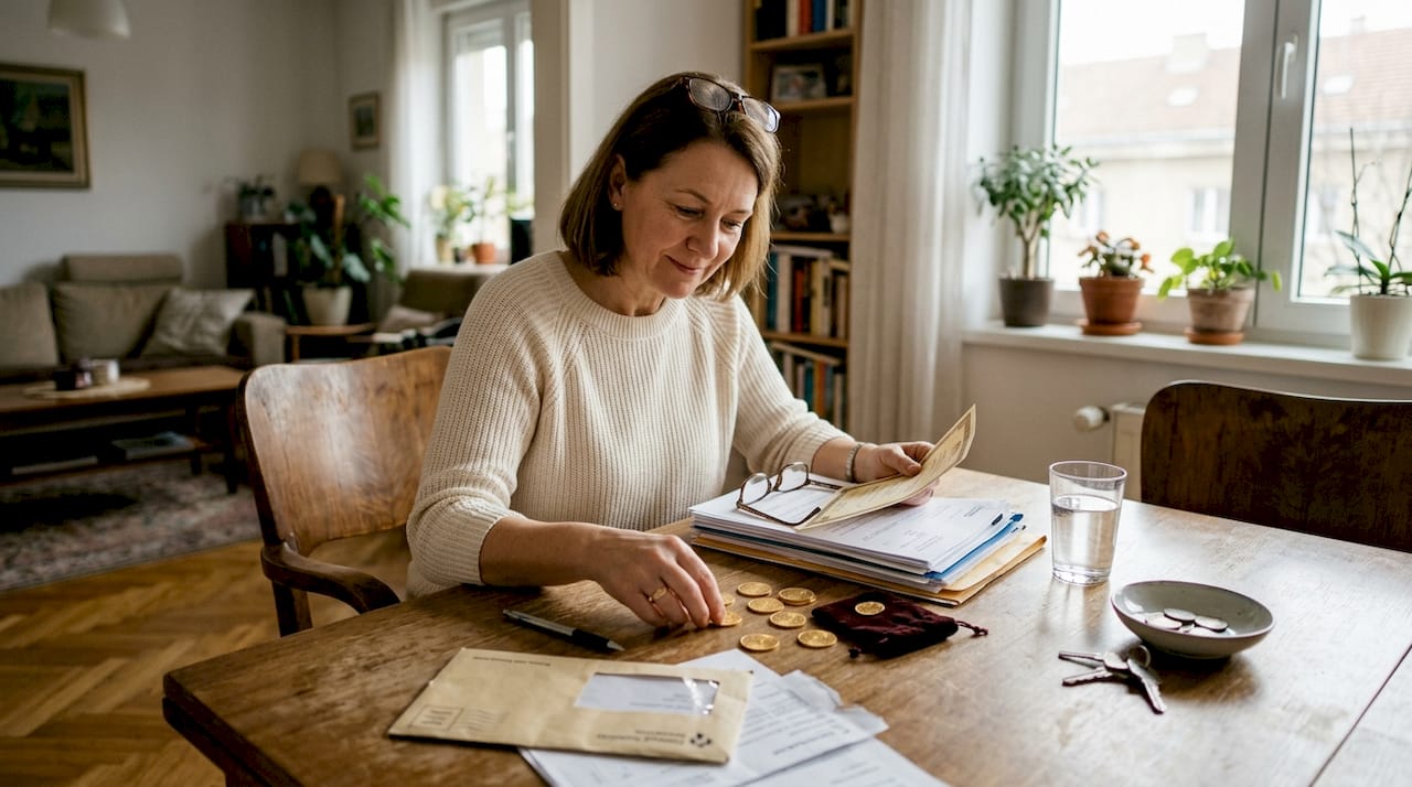 Žena sjedi za kuhinjskim stolom i detaljno proučava mogućnosti ulaganja u zlato.