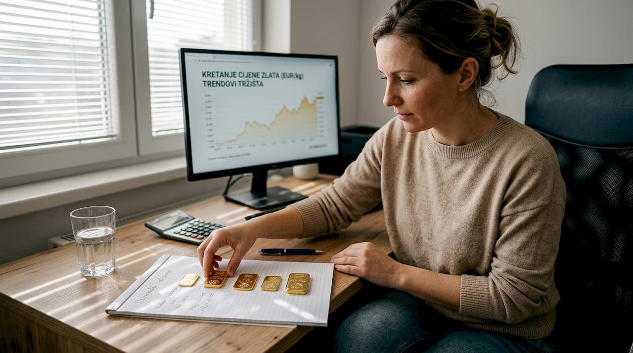 Žena uspoređuje zlatne poluge različitih veličina.