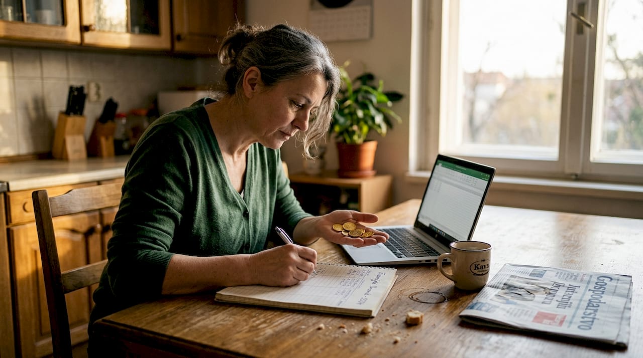 Žena kod kuće vodi evidenciju o zlatnicima dok traje kriza
