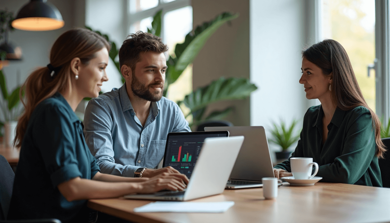 Collaborative IT consultants reviewing project data in coworking space