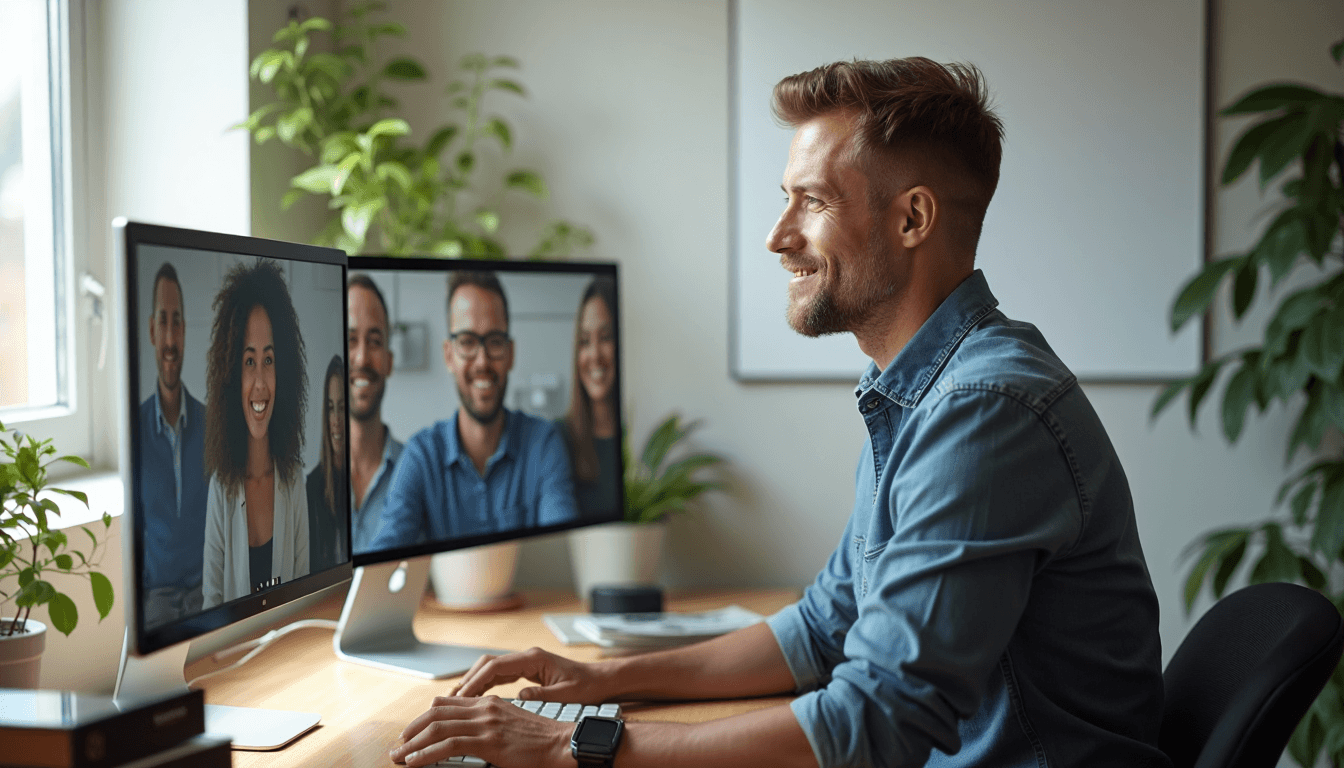 IT consultant video conferencing in bright modern home office