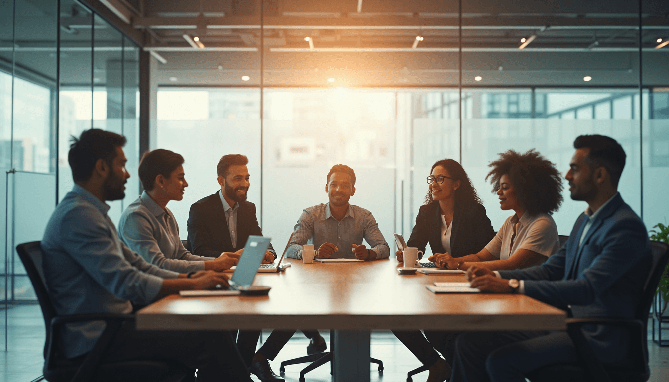 IT consulting team holding office discussion near glass wall