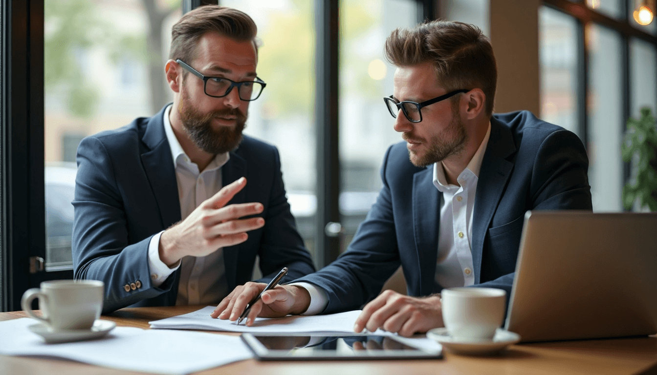 Two consultants discussing skills at sunny café table with digital tablet