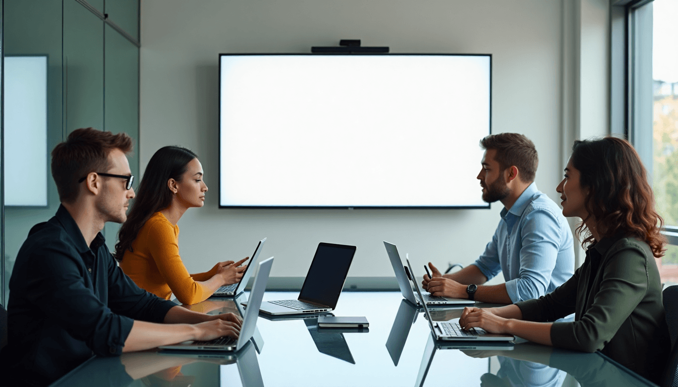 Consultants collaborating in bright coworking space, 'Consulting Business' on screen