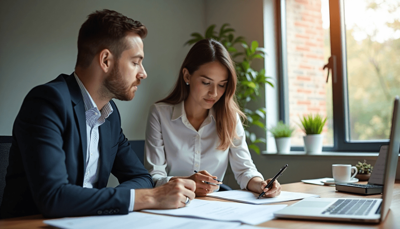IT consultants reviewing legal documents with 'Setting Up Business' on laptop