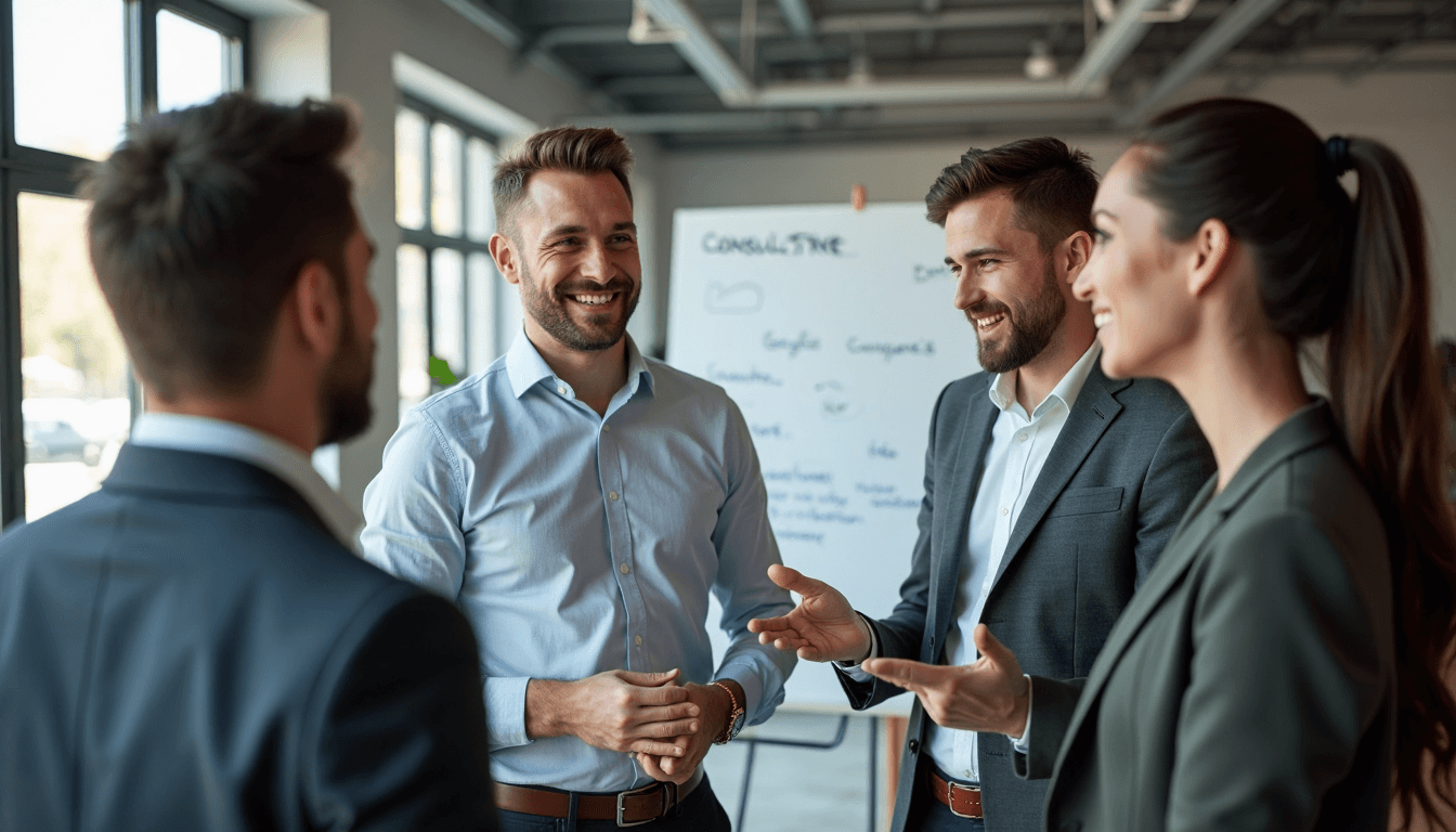 IT consulting team collaborating in a bright office with toolkit diagram