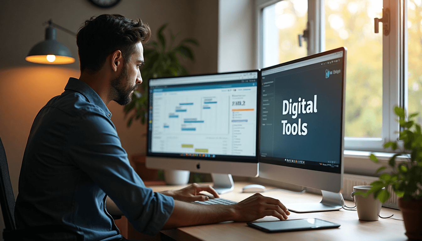 IT consultant in home office using digital project management tools