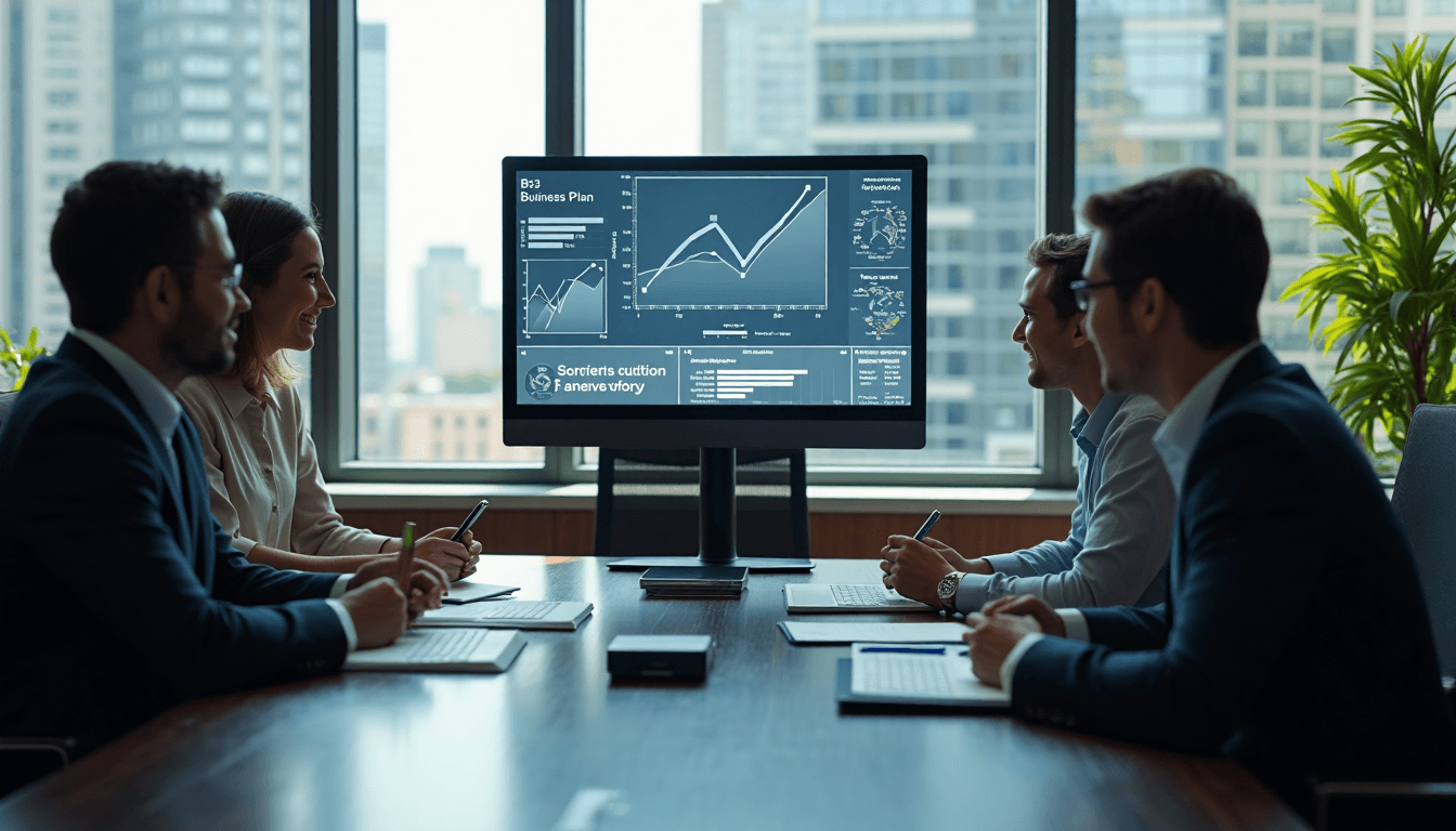 Three IT professionals review business plan in bright boardroom