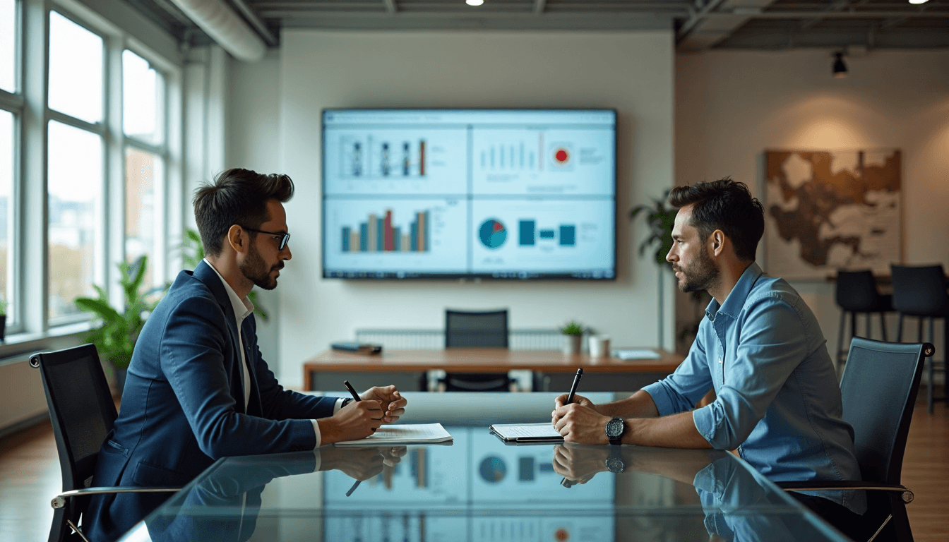 Two consultants discuss market analysis in bright modern office