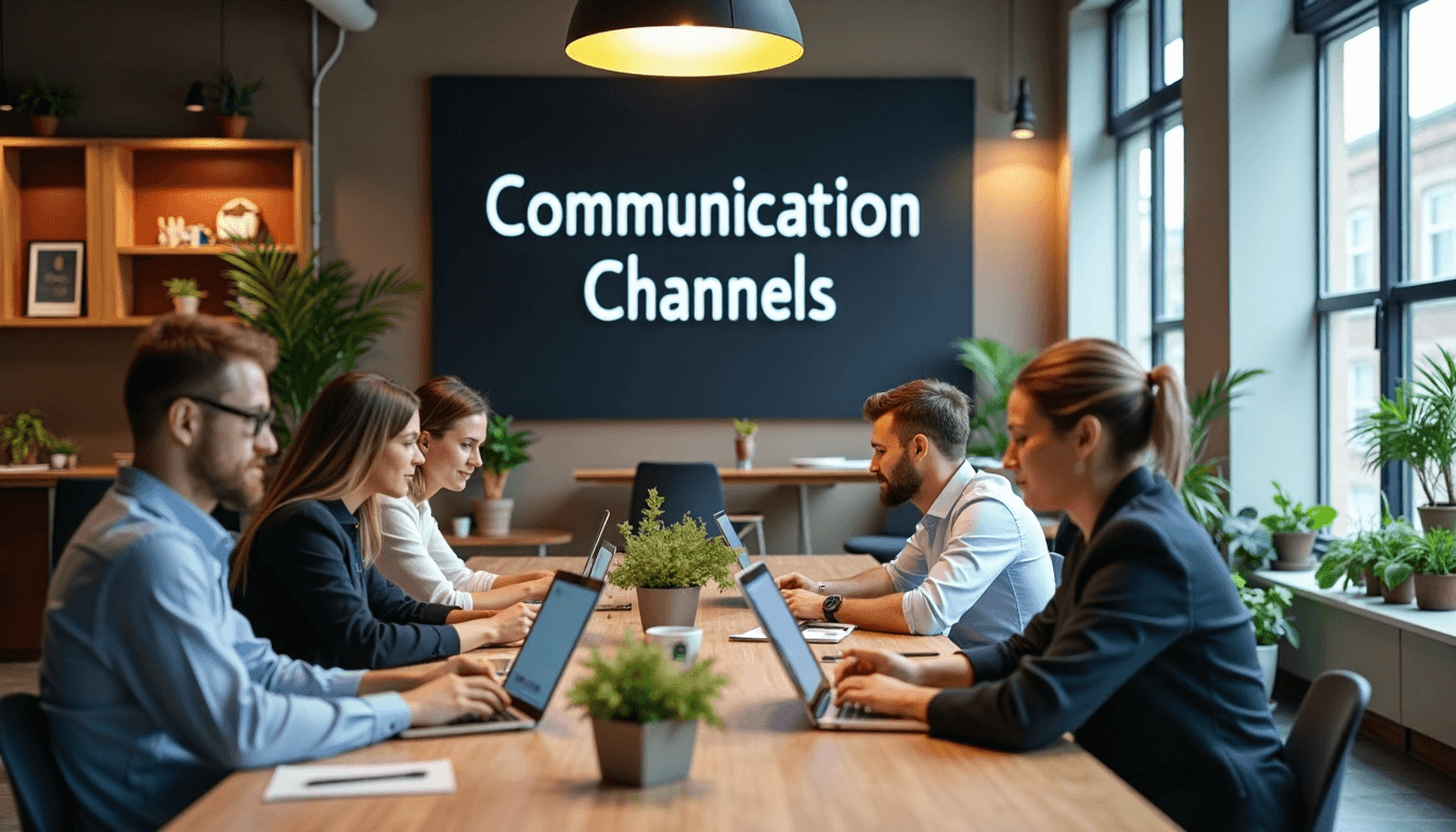 IT professionals use laptops under 'Communication Channels' sign
