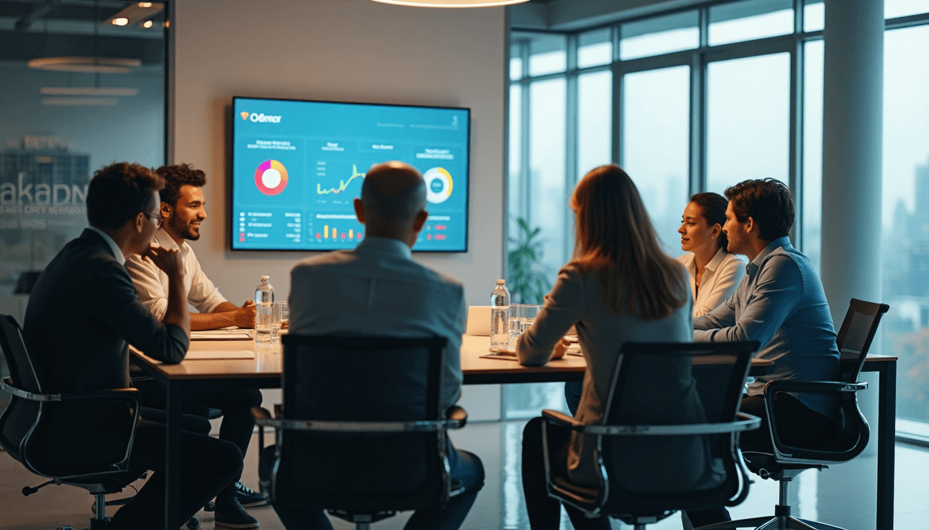 Diverse IT consultants in office with 'Client Communication' on screen