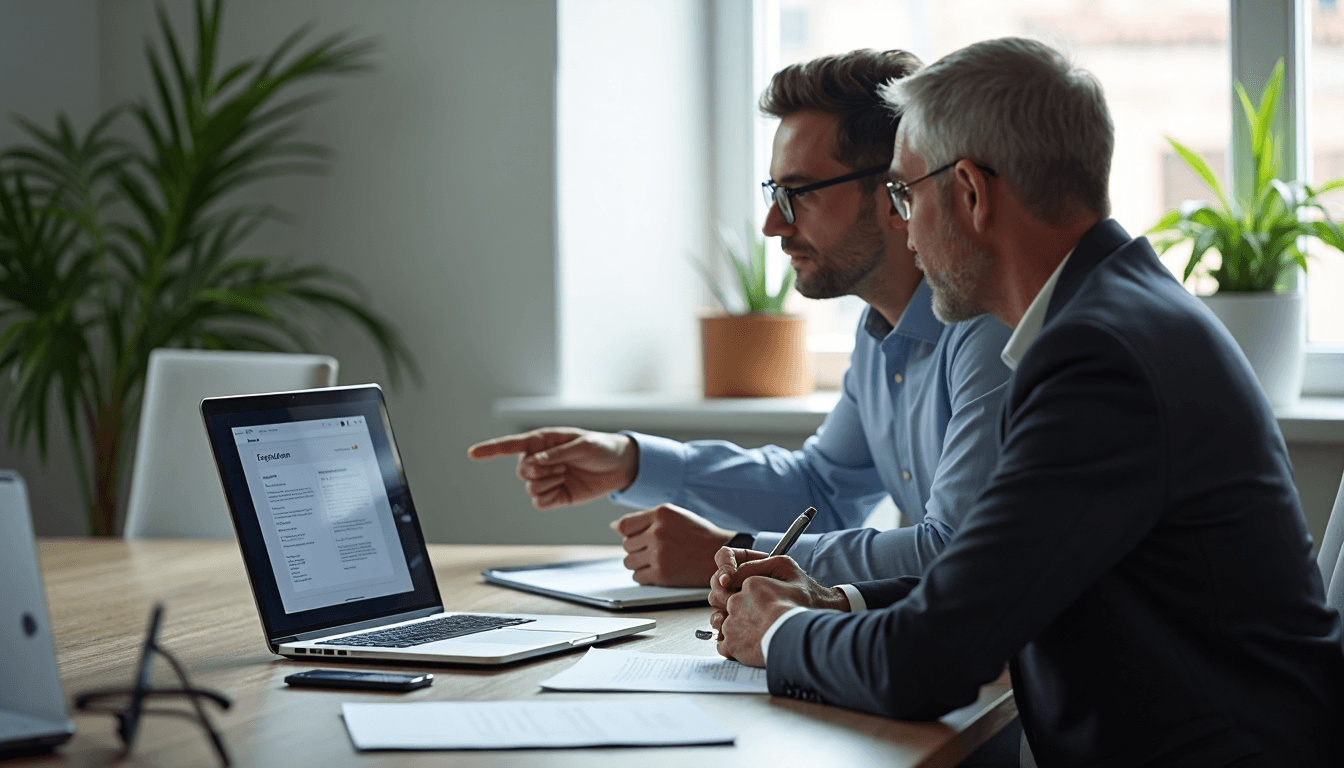 Two IT professionals reviewing contract key terms on laptop