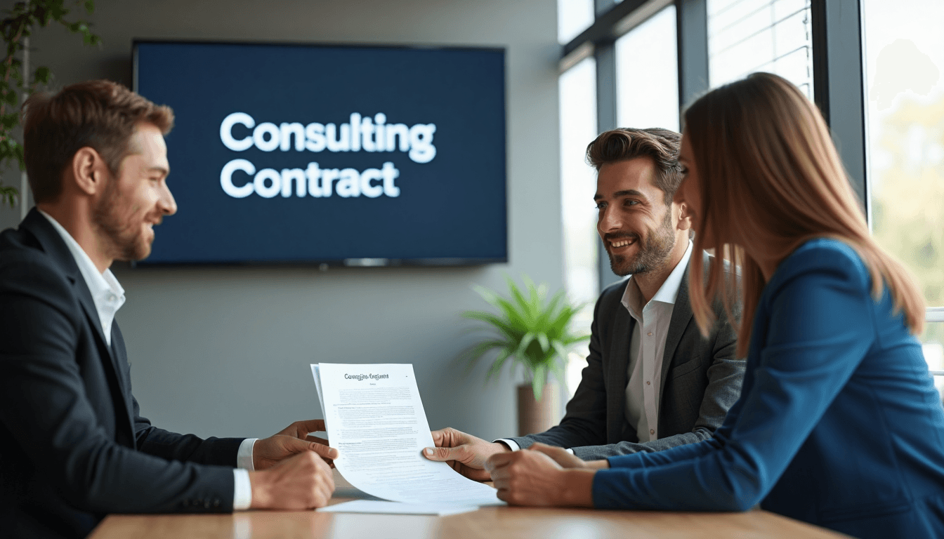 IT consultants reviewing contract at a bright office table
