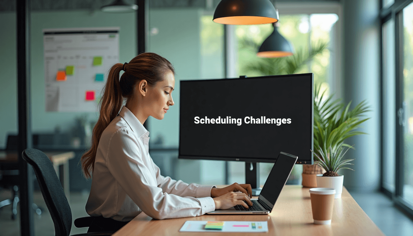 IT consultant updating schedules with 'Scheduling Challenges' overlay