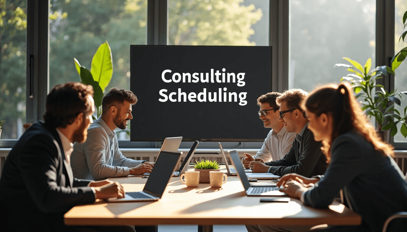 Diverse IT consultants brainstorming with scheduling display