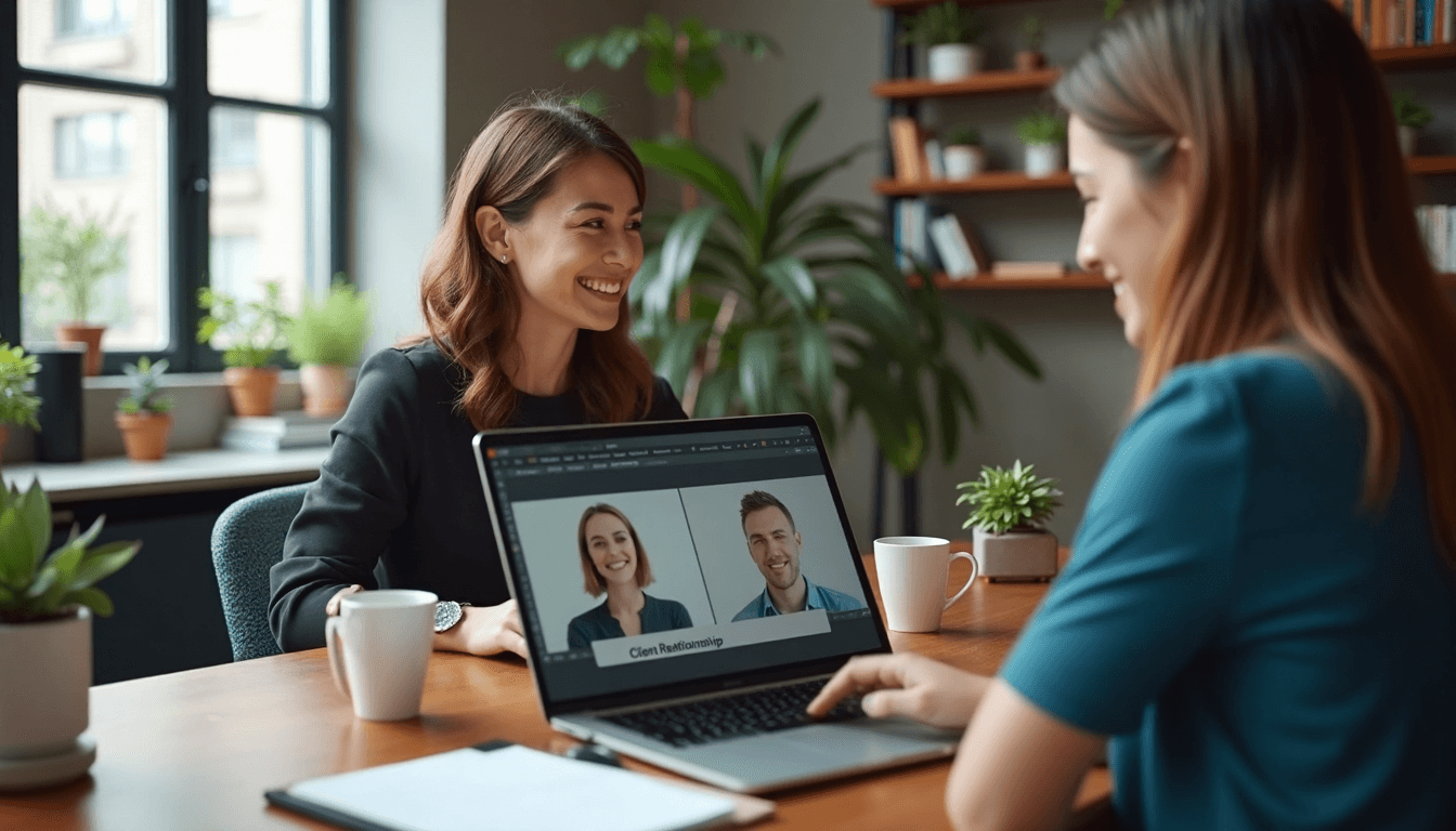 Two remote consultants meeting virtually with client relationships text on video call banner
