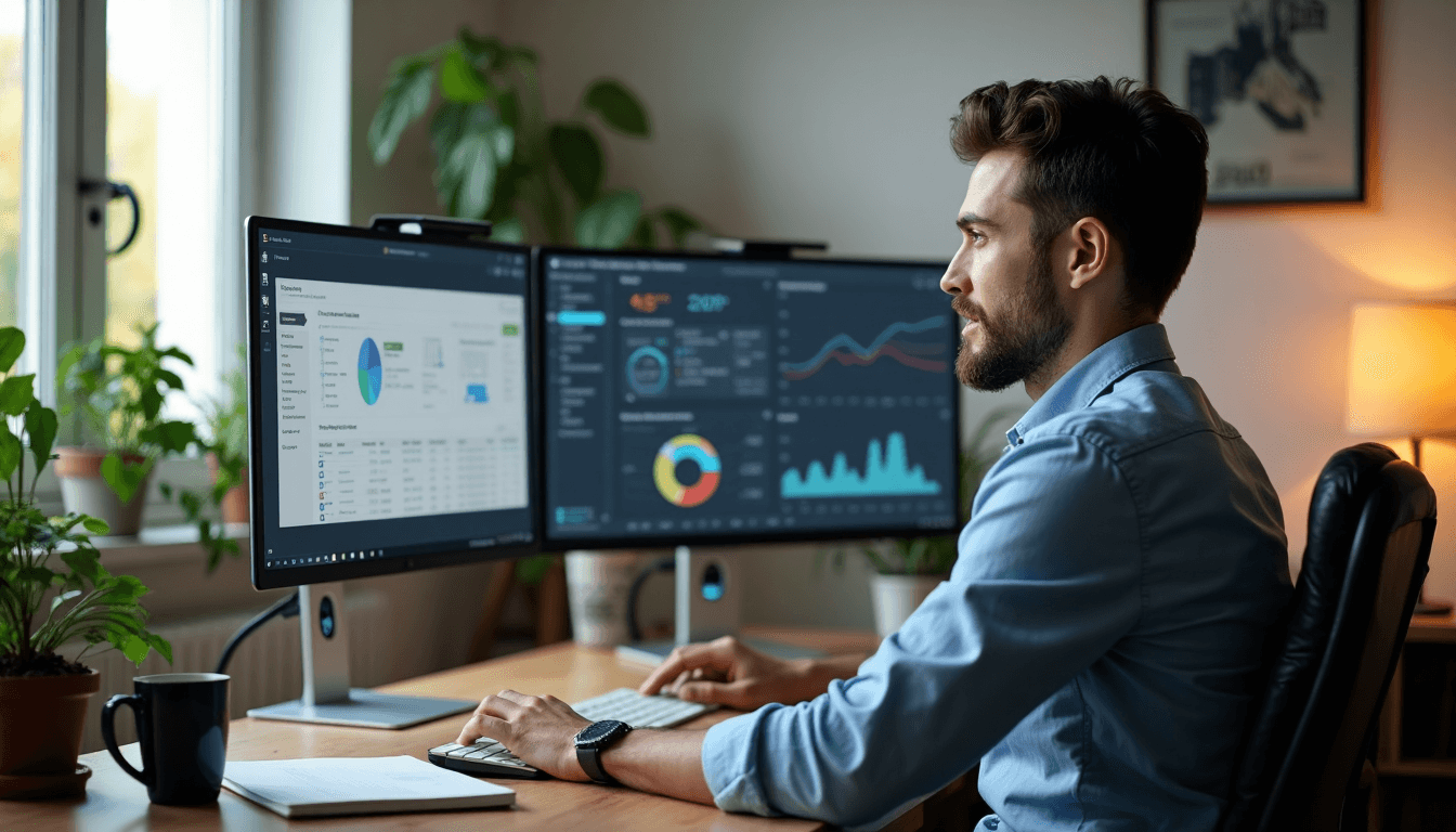 IT consultant in bright home office on video call with remote consulting text on monitor