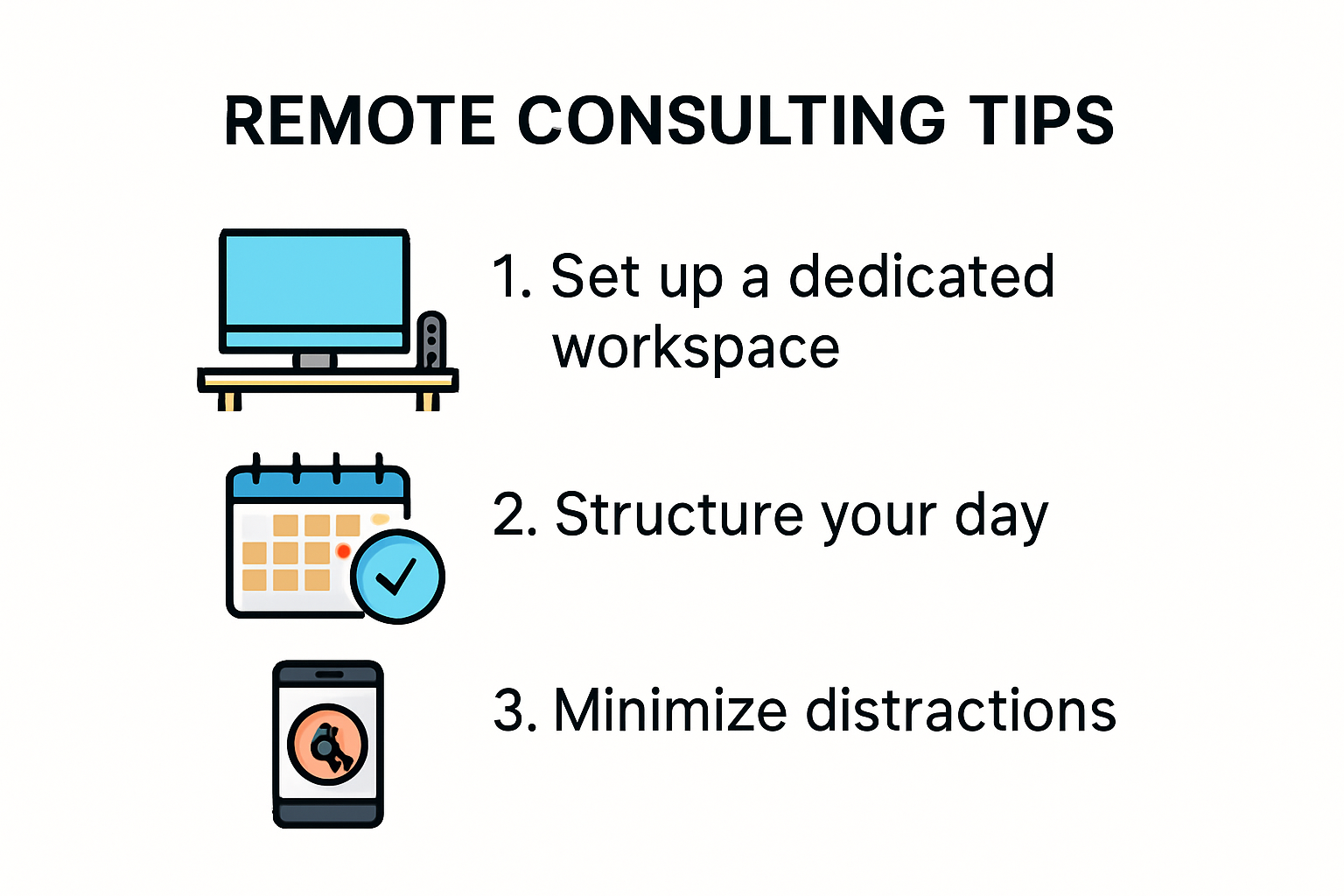 Infographic summarizing remote consulting tips for productivity