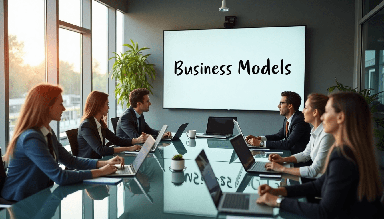 IT consultants collaborating in bright office with digital business models display