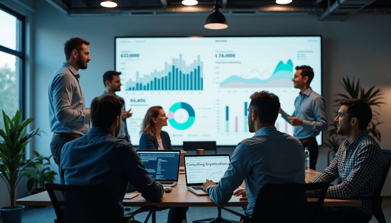 IT consultants discussing analytics with text overlay on monitor