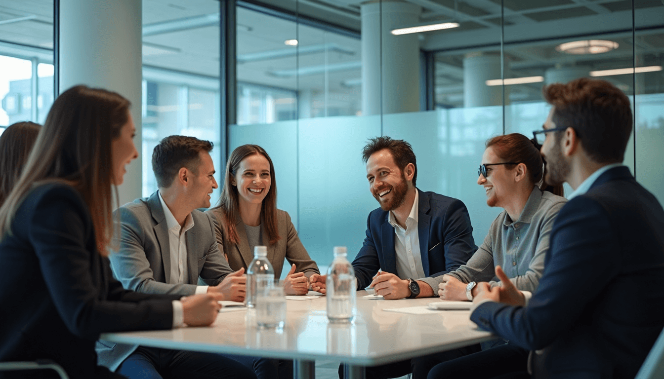 IT consultants networking in bright conference space with display