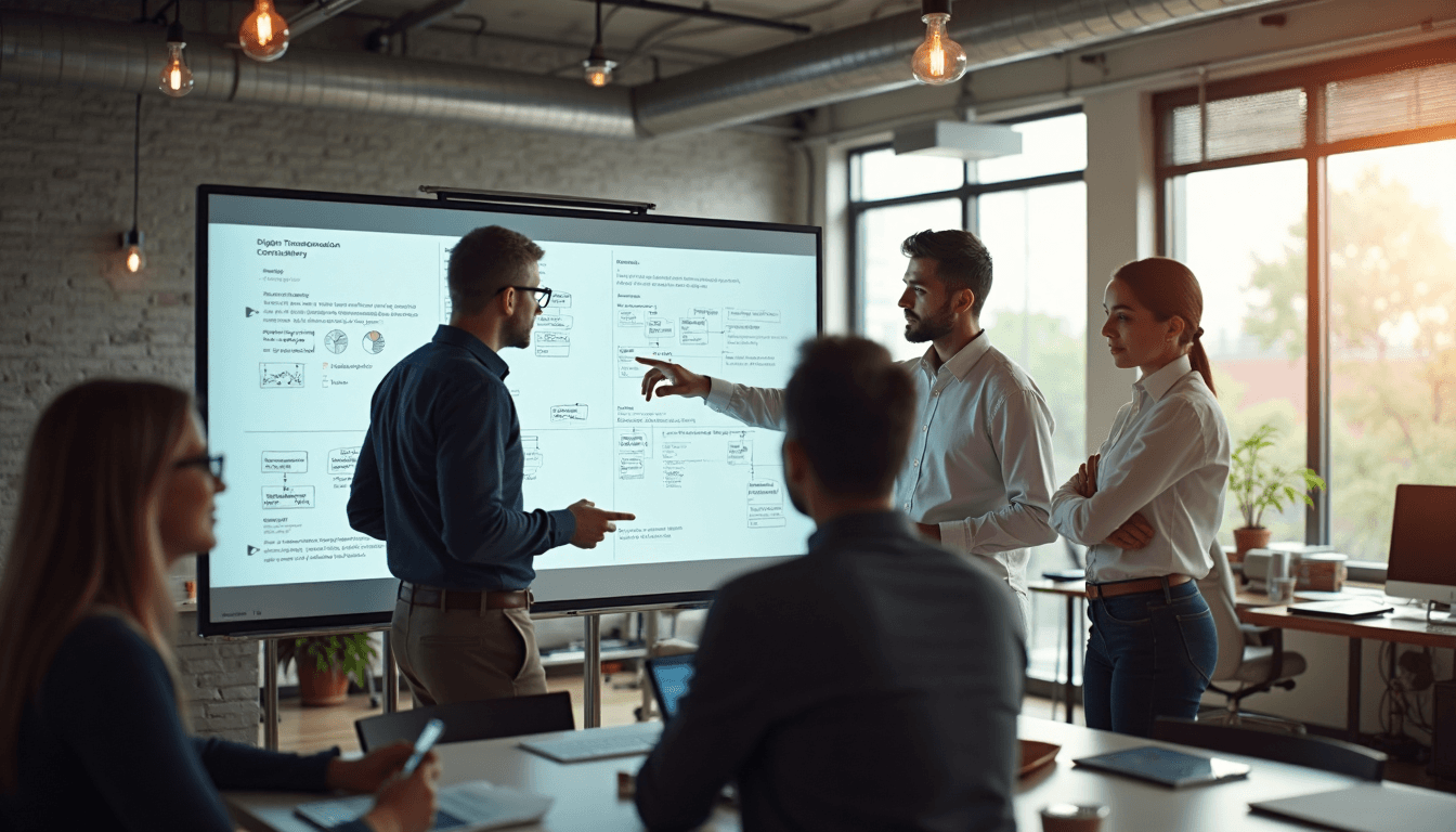 Team of IT consultants collaborating at digital whiteboard with heading overlay