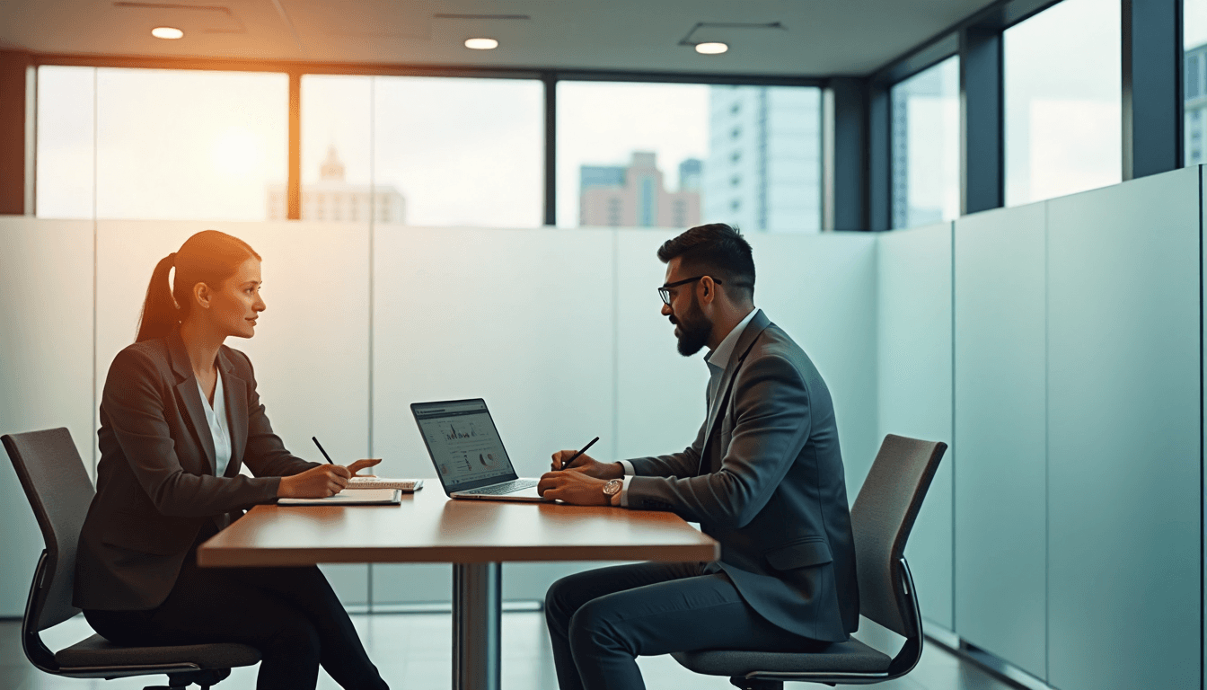 IT consultants collaborating in bright office, digital text overlay on glass wall