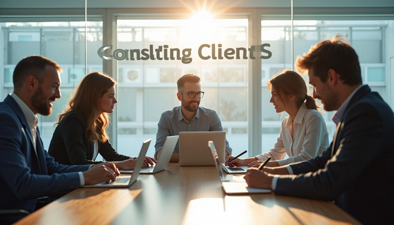 IT consultants and clients meeting in a modern office about business growth