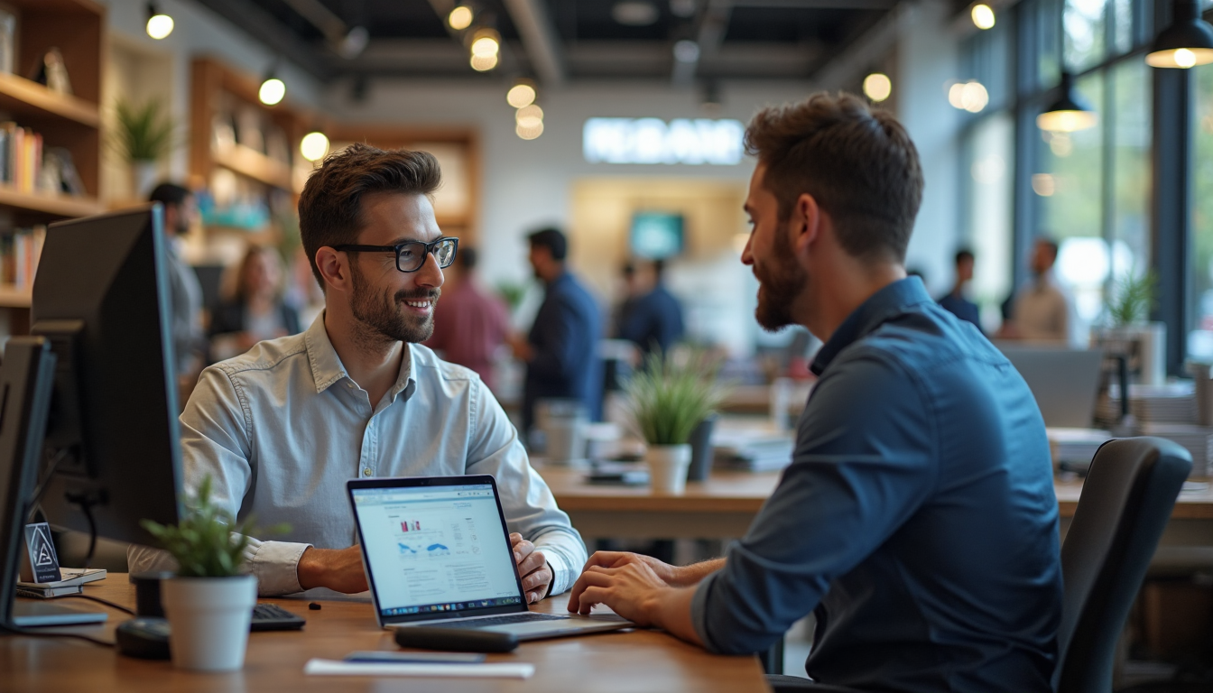 Consultant discusses technology with client in a retail sector office