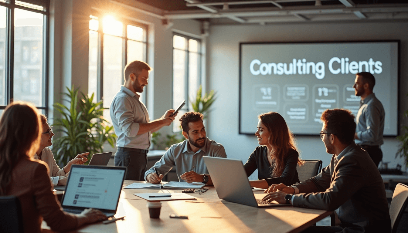 IT consultants collaborating with 'Consulting Clients' banner in coworking space