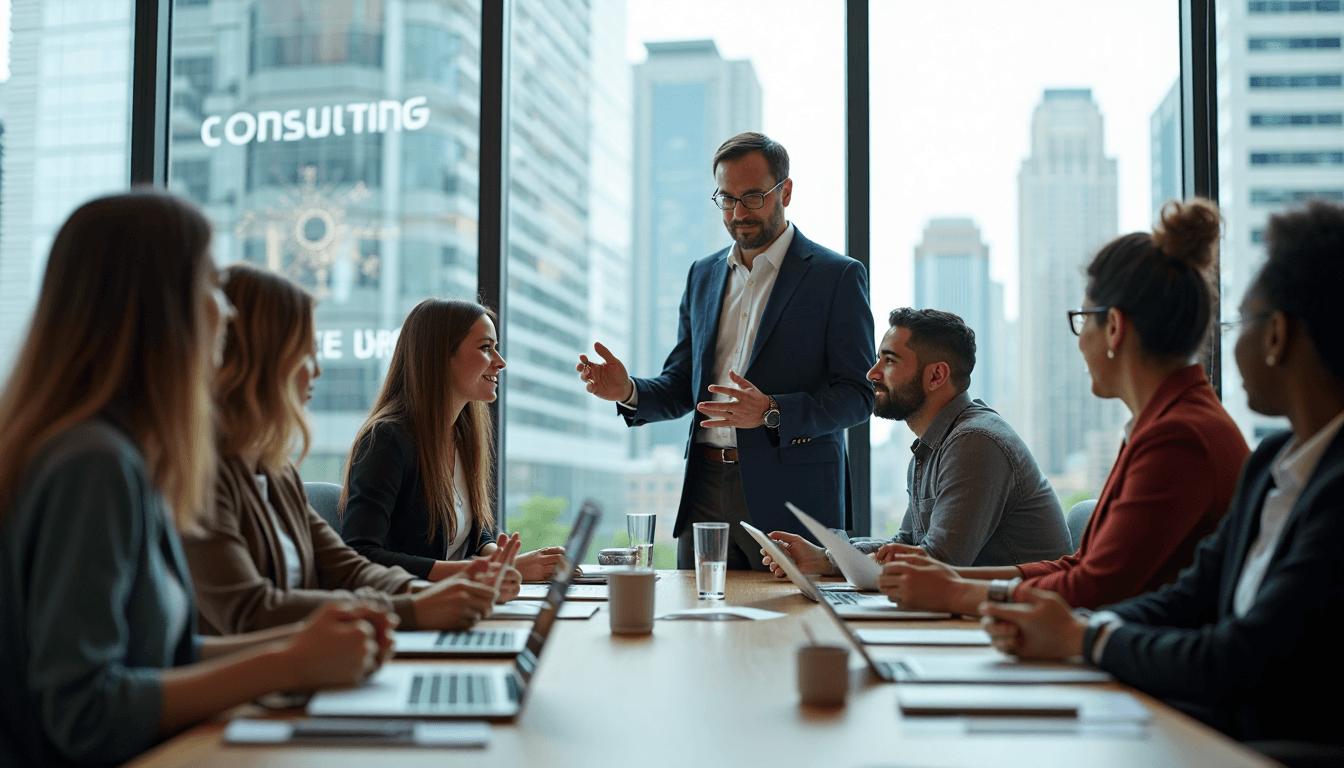 Diverse consultants meet in a modern office with 'Consulting Success' on glass wall