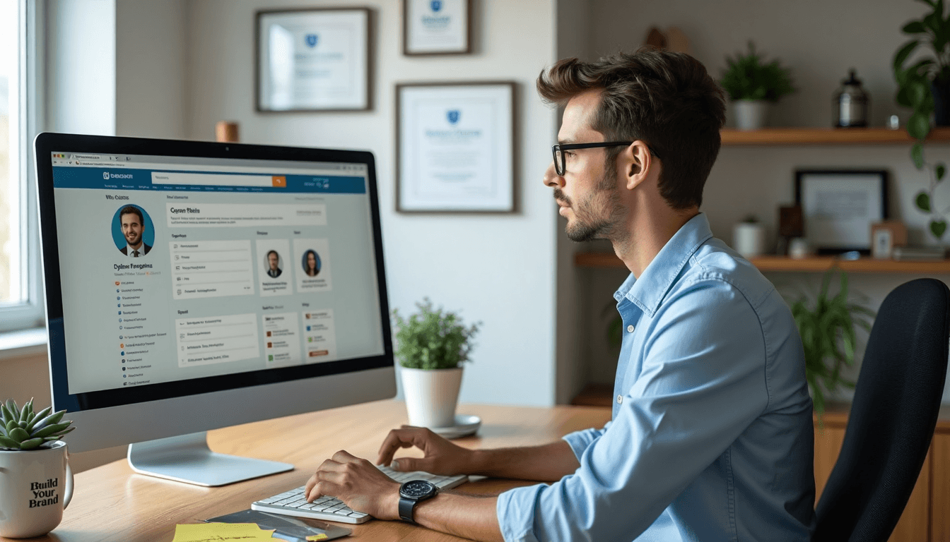 IT consultant at home desk reviewing digital brand and online presence