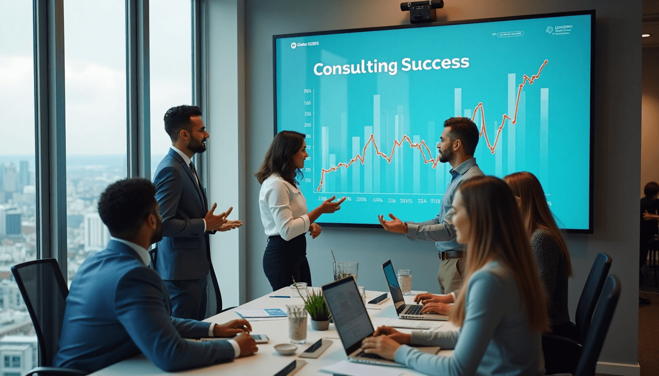 Canadian IT consultants collaborating in modern office with 'Consulting Success' on screen