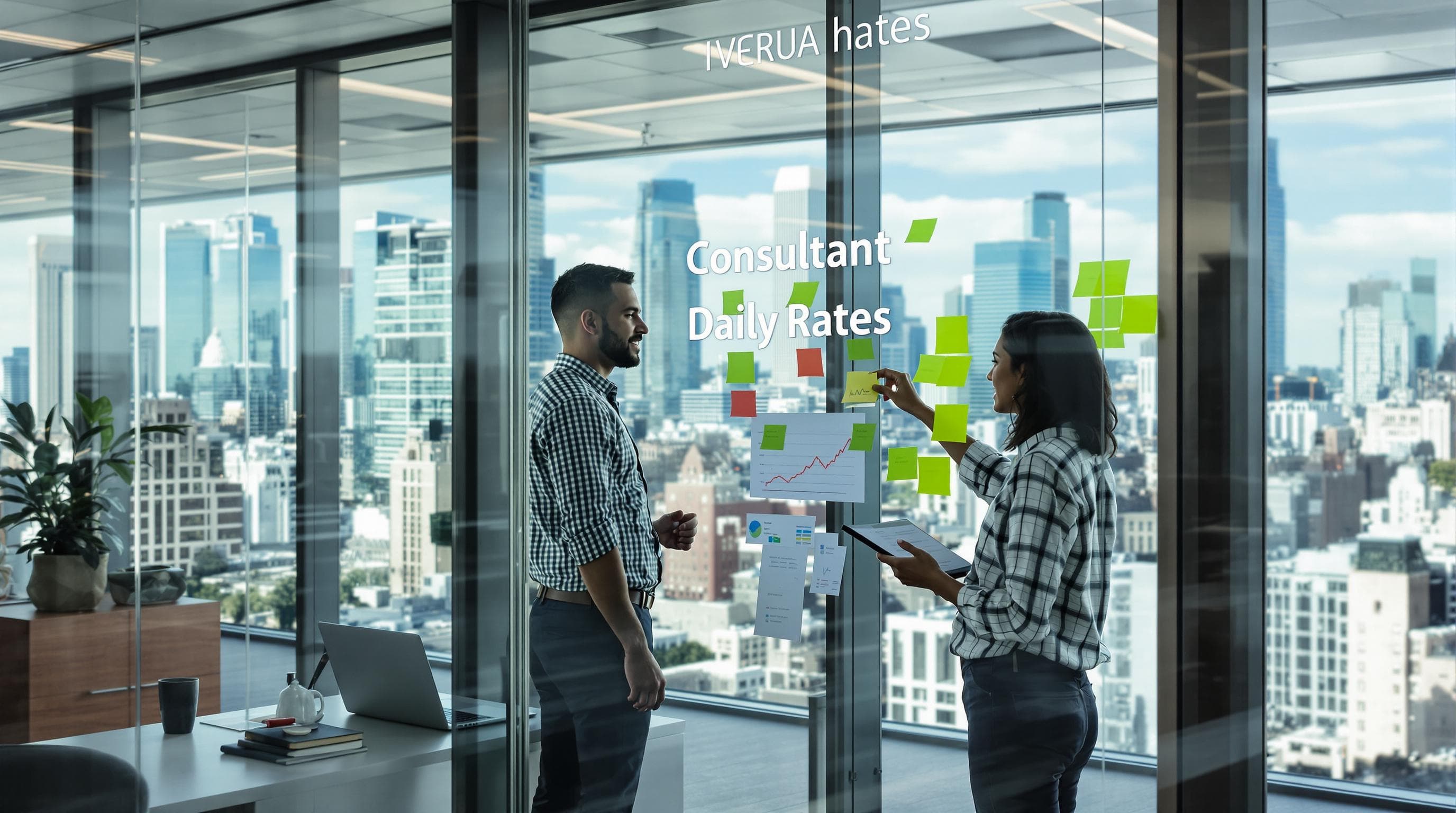 IT consultants discussing rates in a modern office overlooking city skyline