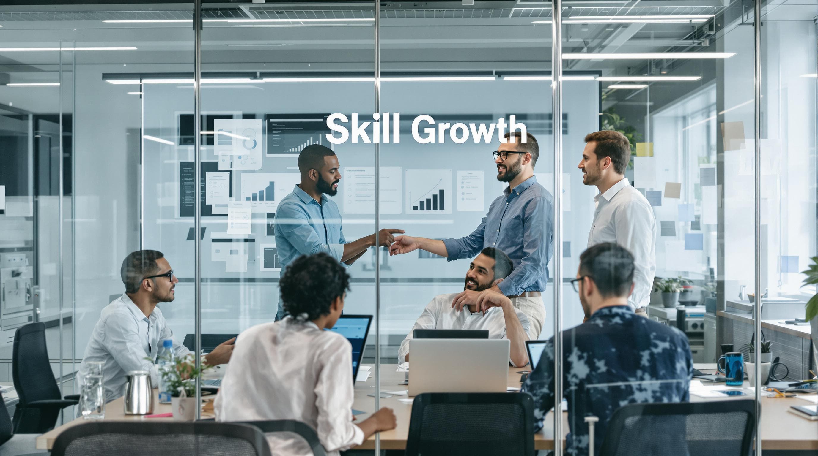 IT consultants collaborating at workstation with 'Skill Growth' poster visible