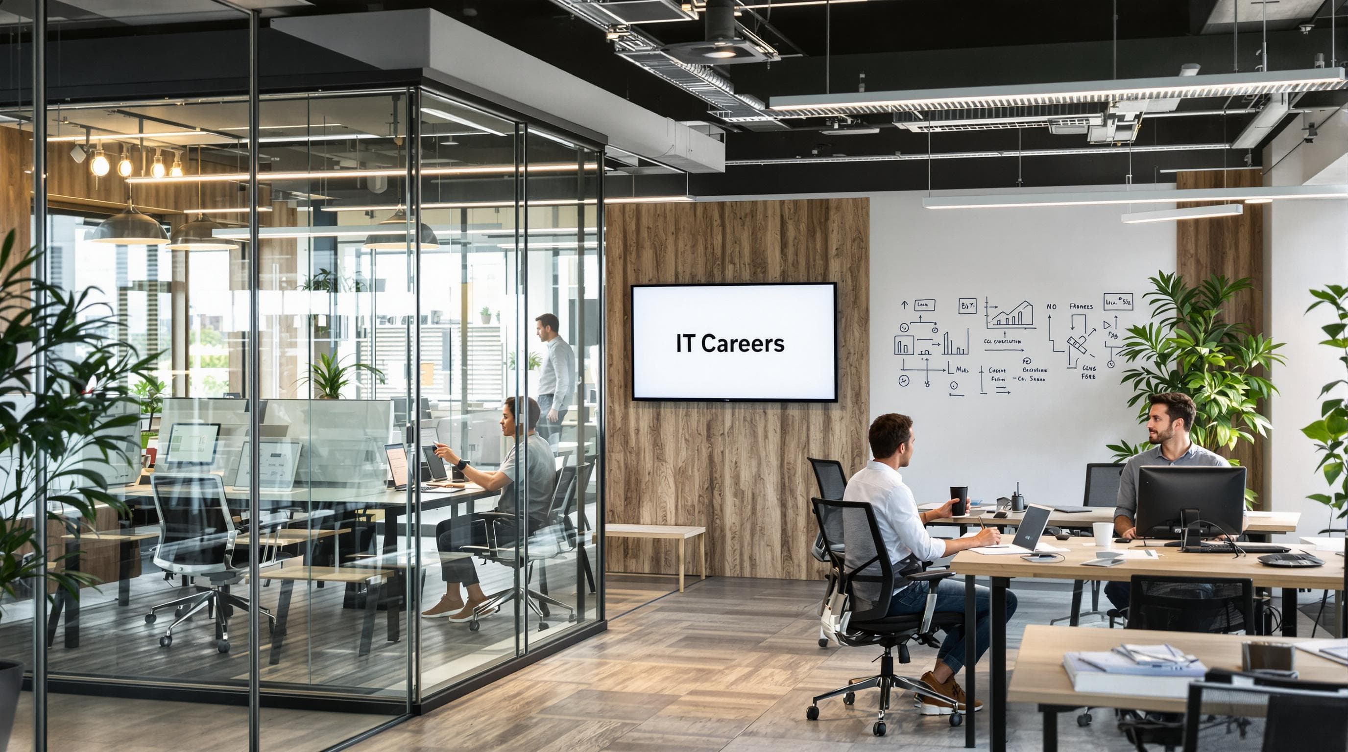 Modern coworking office with IT pros consulting and working solo in natural light