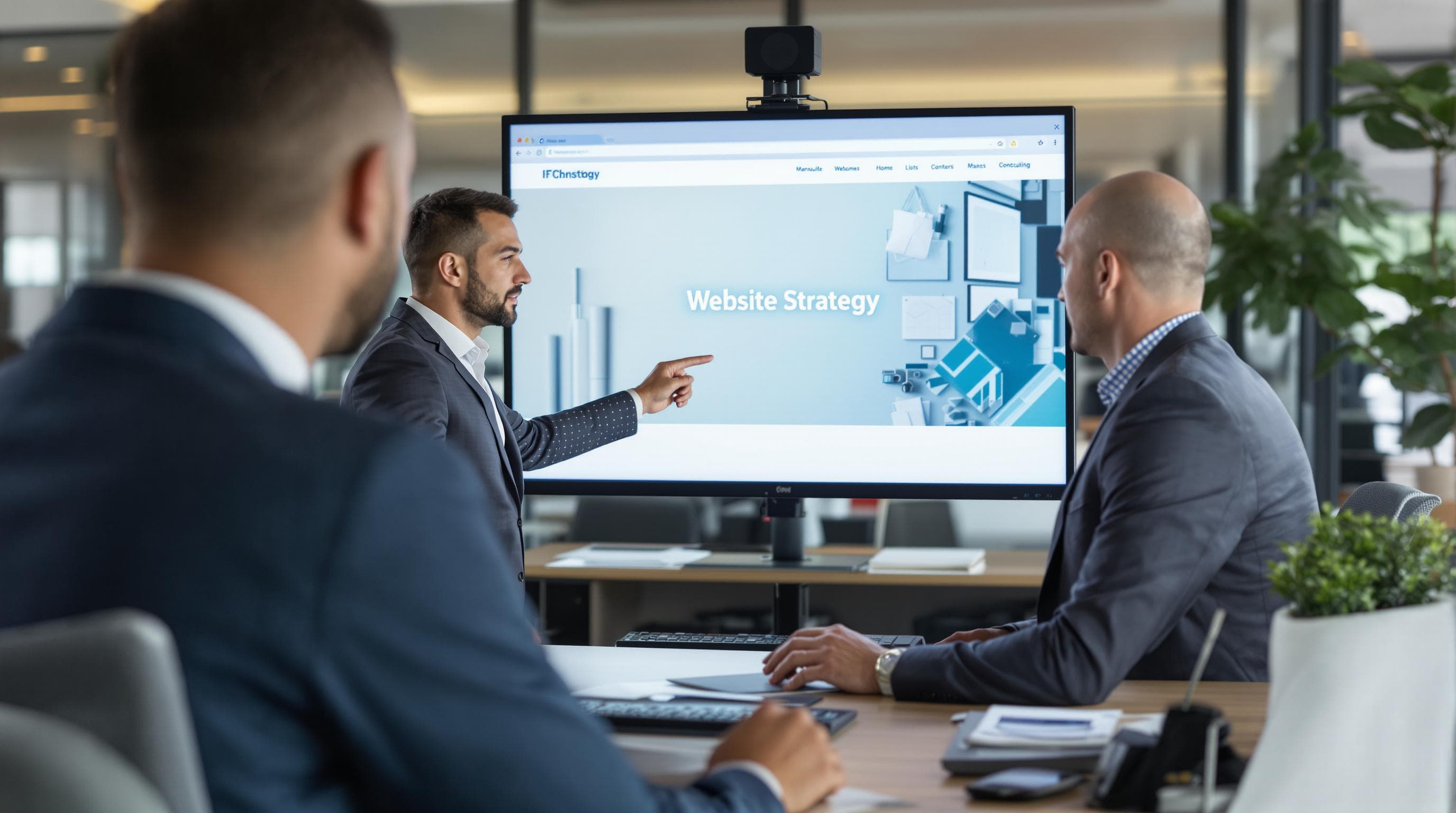 IT consultant presenting website strategy to client on monitor