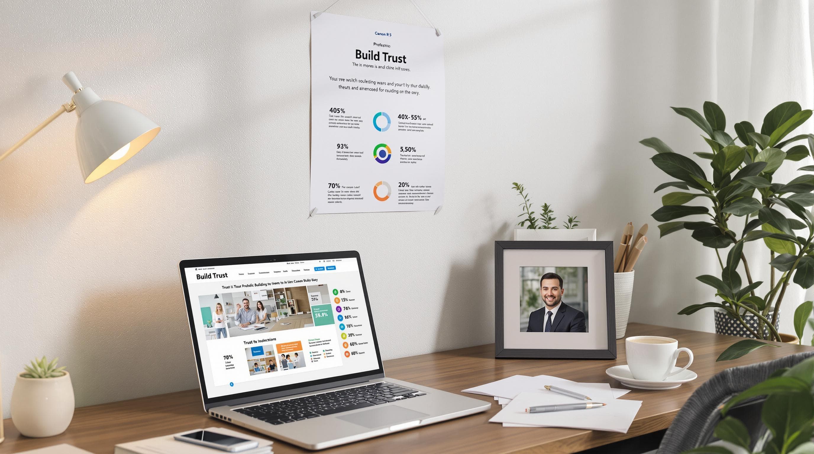Consultant workspace with trust-building visuals and 'Build Trust' poster