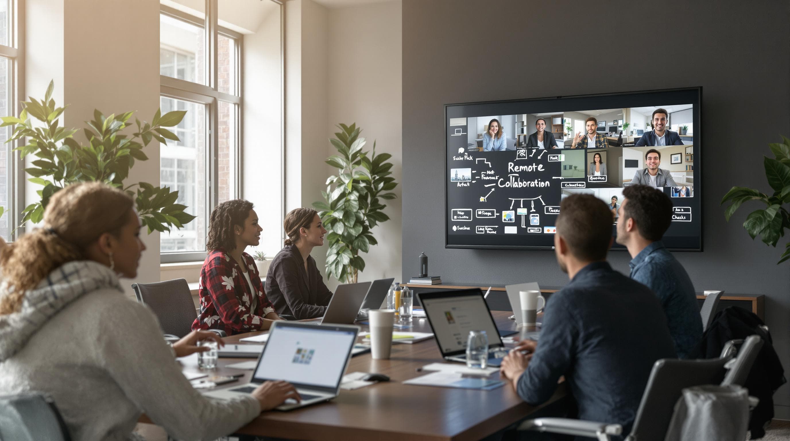 Diverse IT professionals collaborating via video call in a modern office with remote collaboration text overlay.