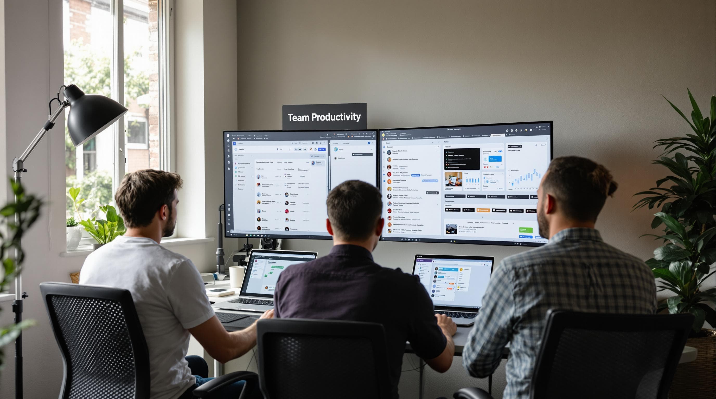 IT consultants working in home office with project management and team productivity overlay.