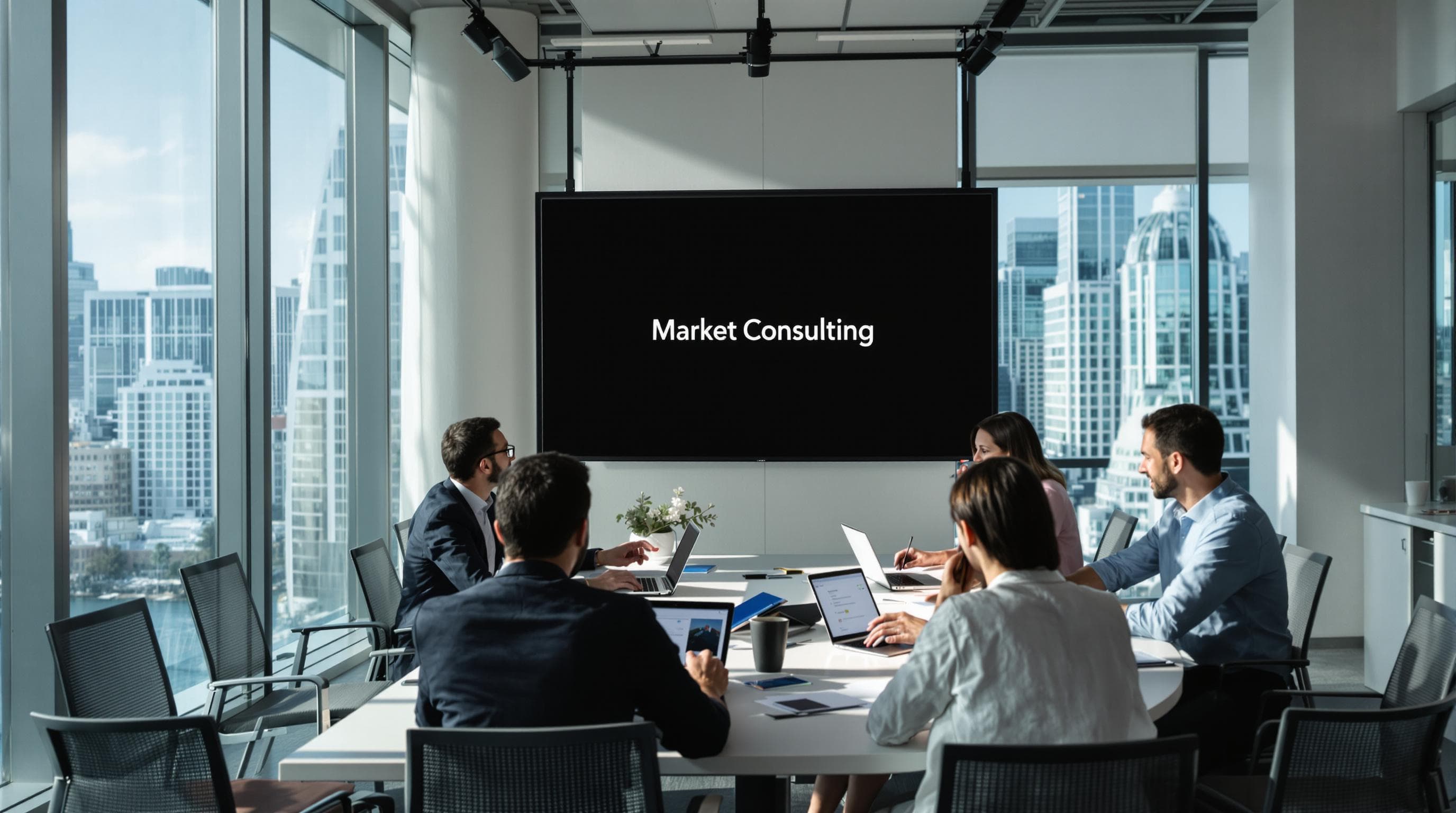 Diverse professionals collaborating in bright office with 'Market Consulting' on digital screen.